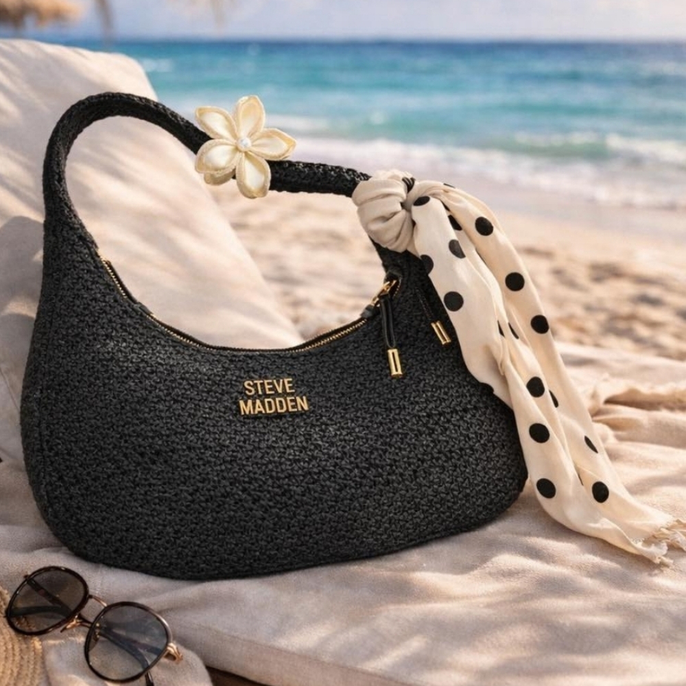Steve Madden Black Hobo Bag with Polka Dot Scarf